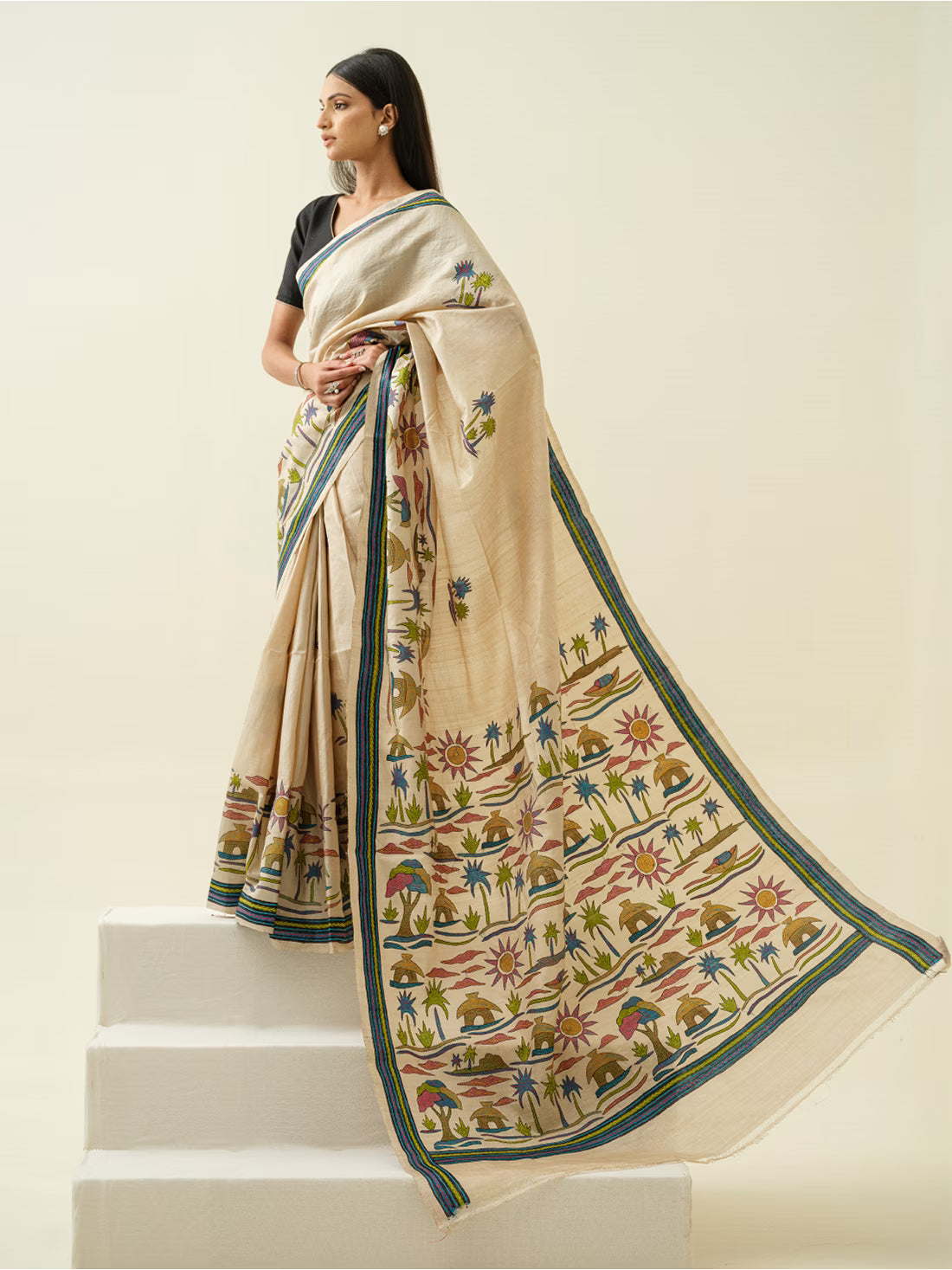 Where the River Remembers: Premium Pure Tussar Silk Saree in with Kantha Embroidery