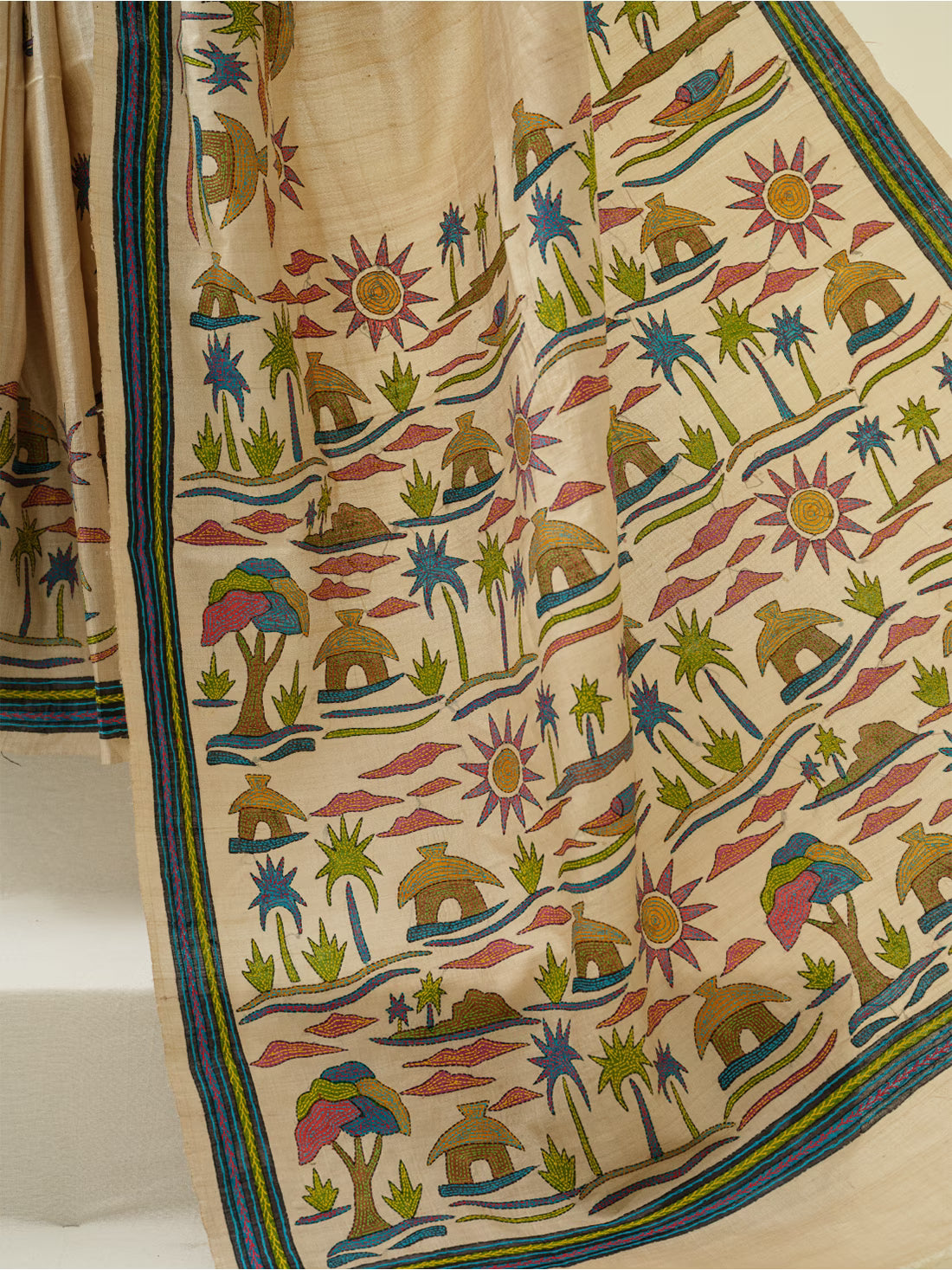 Where the River Remembers: Premium Pure Tussar Silk Saree in with Kantha Embroidery