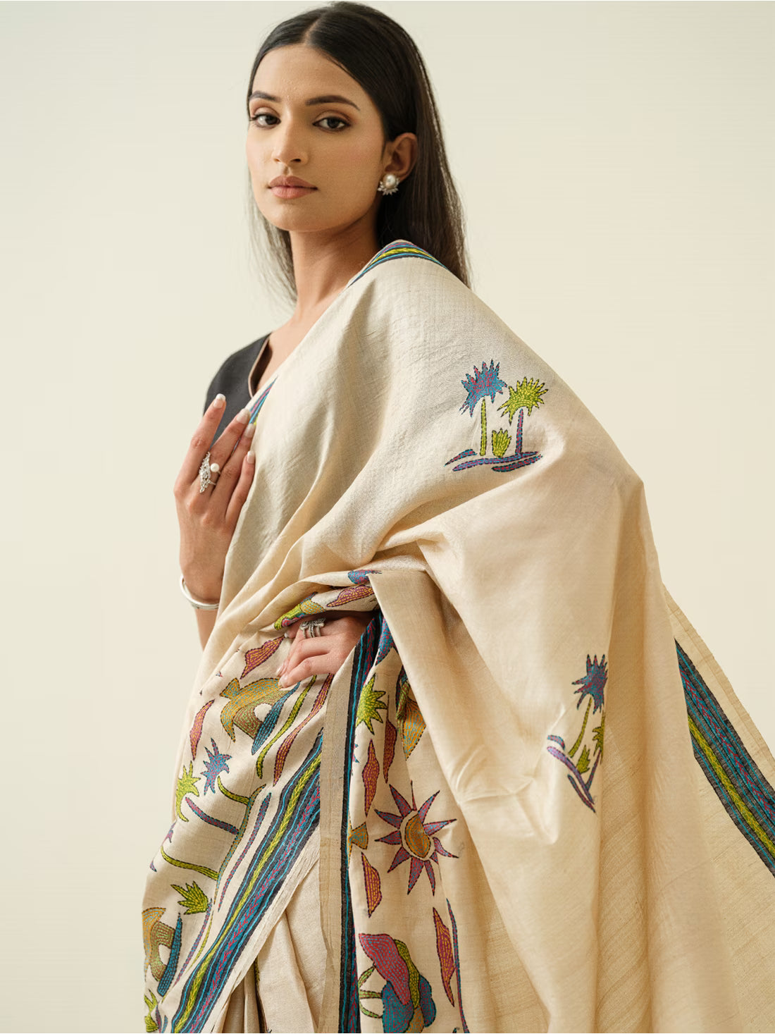 Where the River Remembers: Premium Pure Tussar Silk Saree in with Kantha Embroidery
