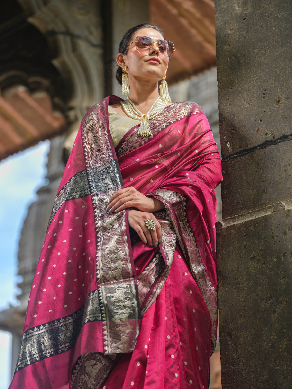 Silk wedding and bridal wear saree in plum, silver and black weave stripes.