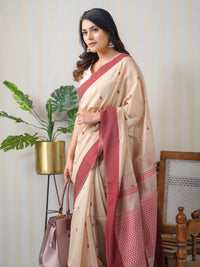 Beige Maheshwari cotton silk saree with maroon booti