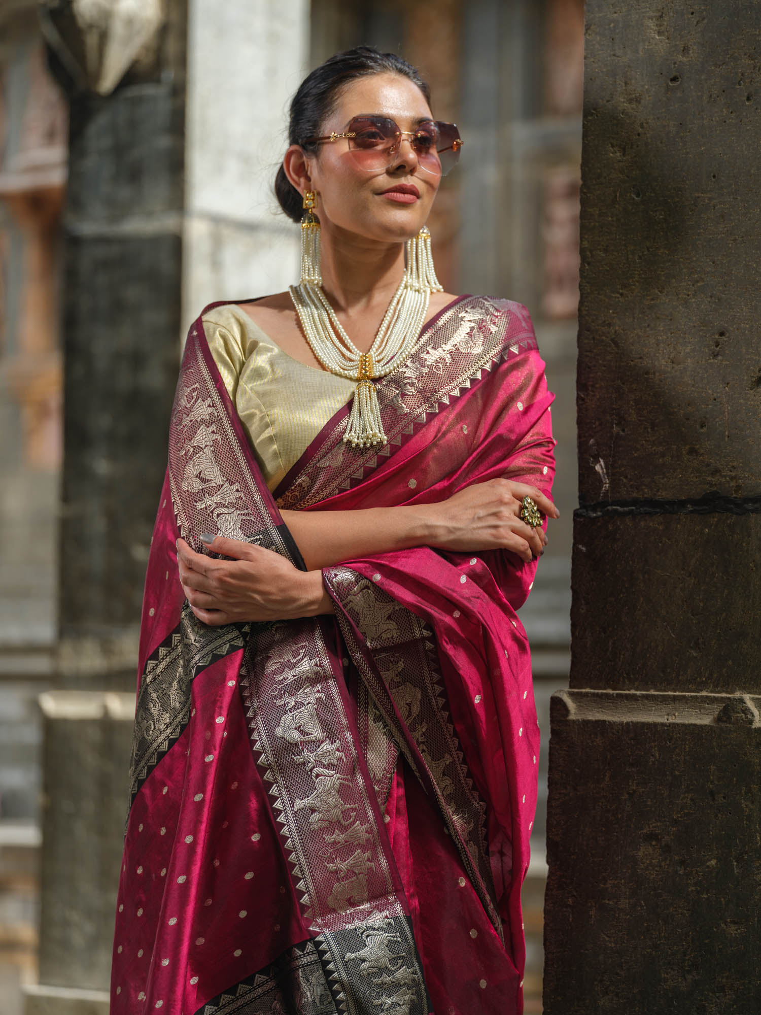 Silk wedding and bridal wear saree in plum, silver and black weave stripes.