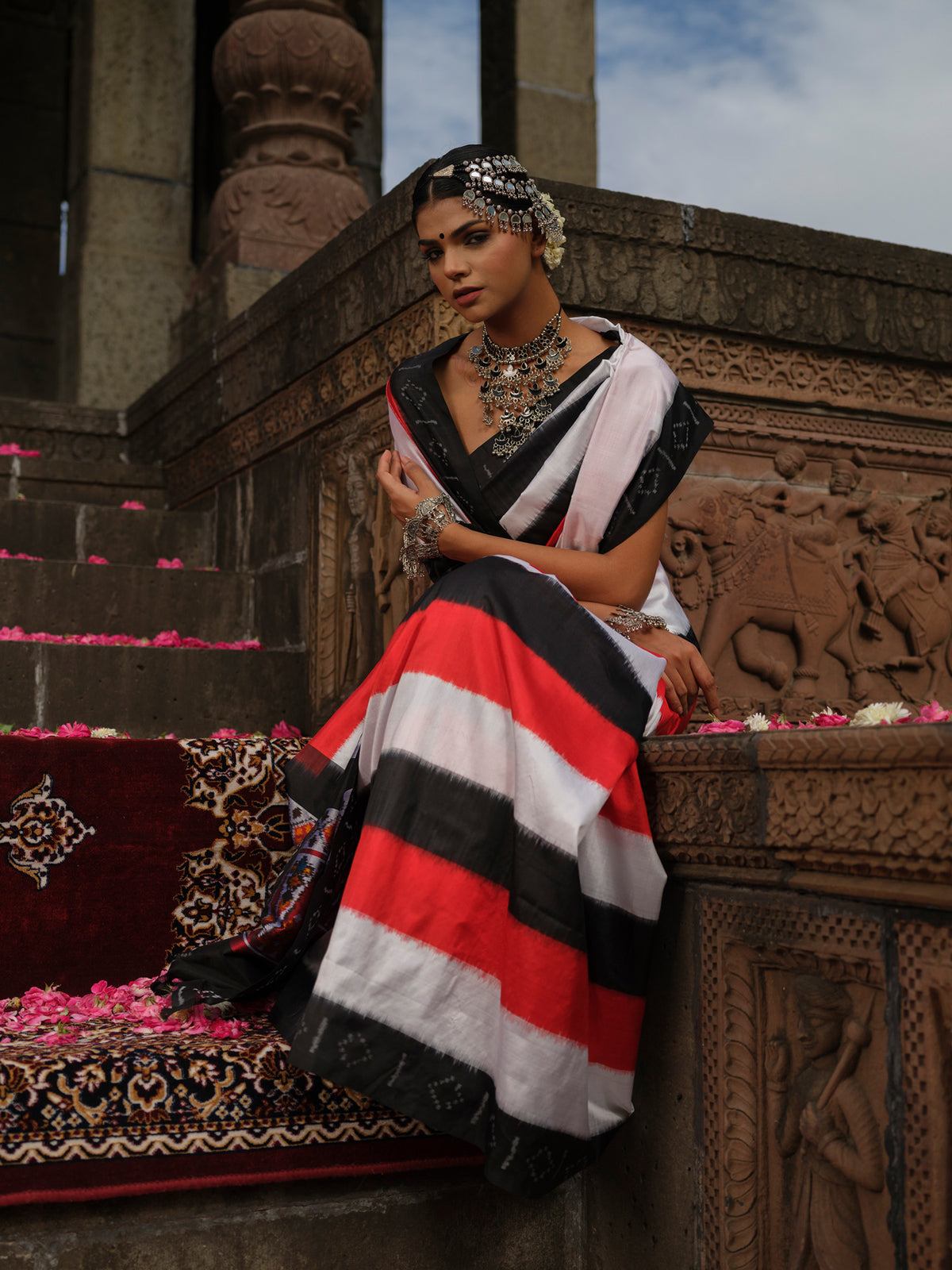 Malini - Red, White & Black Ikat Pochampally Saree with Golden & Sliver Butti