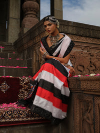 Malini - Red, White & Black Ikat Pochampally Saree with Golden & Sliver Butti