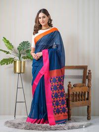 Peacock blue Maheshwari cotton silk saree.