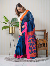 Peacock blue Maheshwari cotton silk saree.