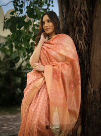 Peach Maheshwari handblock saree