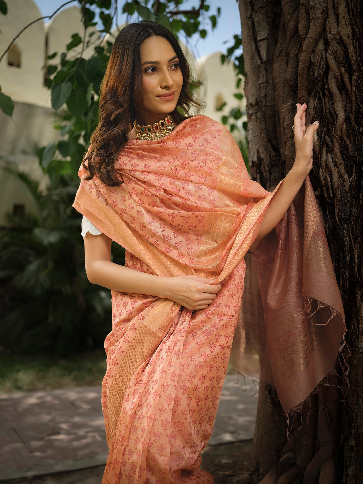 Peach Maheshwari handblock saree