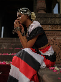 Malini - Red, White & Black Ikat Pochampally Saree with Golden & Sliver Butti