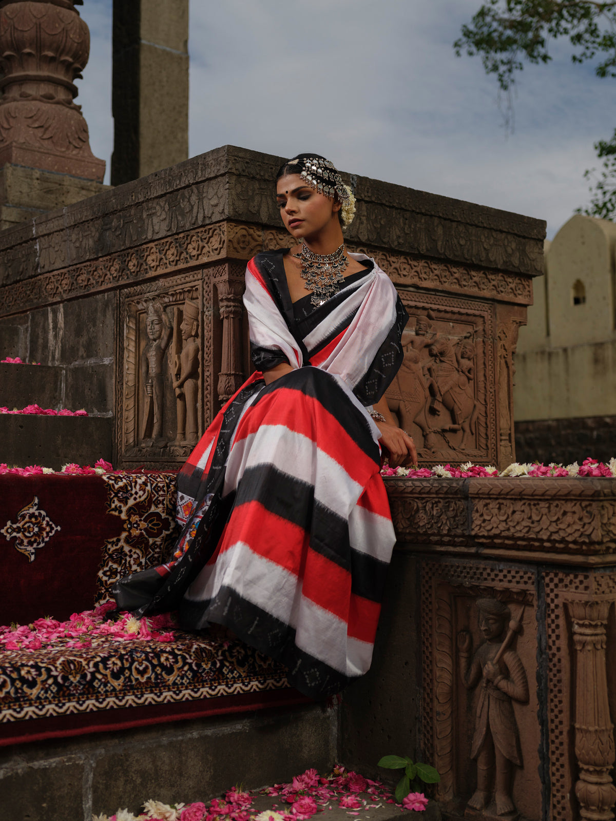 Malini - Red, White & Black Ikat Pochampally Saree with Golden & Sliver Butti