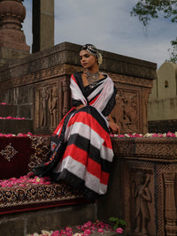 Malini - Red, White & Black Ikat Pochampally Saree with Golden & Sliver Butti