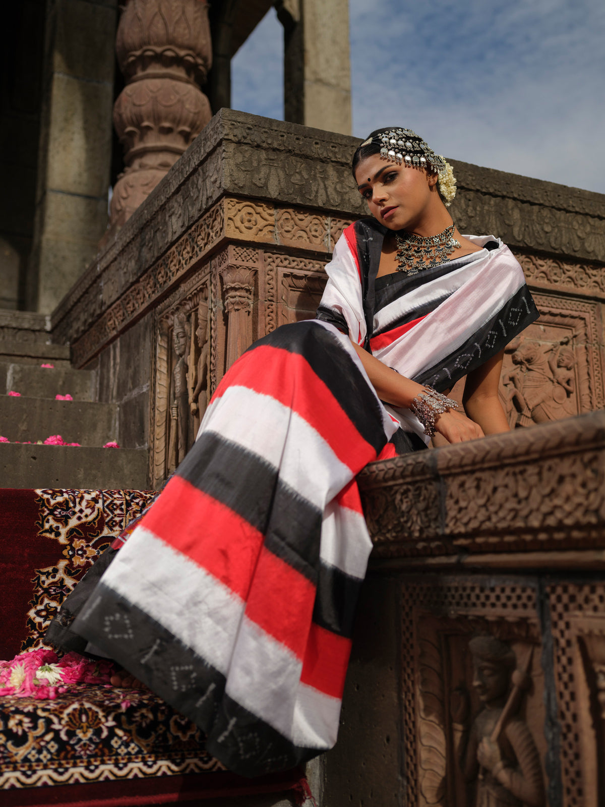 Malini - Red, White & Black Ikat Pochampally Saree with Golden & Sliver Butti