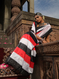 Malini - Red, White & Black Ikat Pochampally Saree with Golden & Sliver Butti
