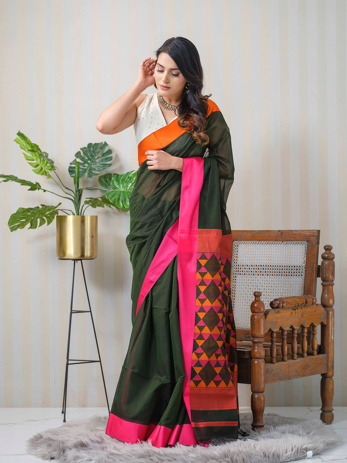 Green Maheshwari cotton silk saree