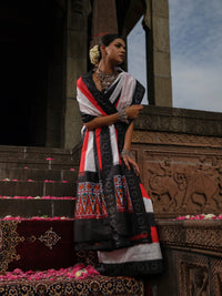 Malini - Red, White & Black Ikat Pochampally Saree with Golden & Sliver Butti