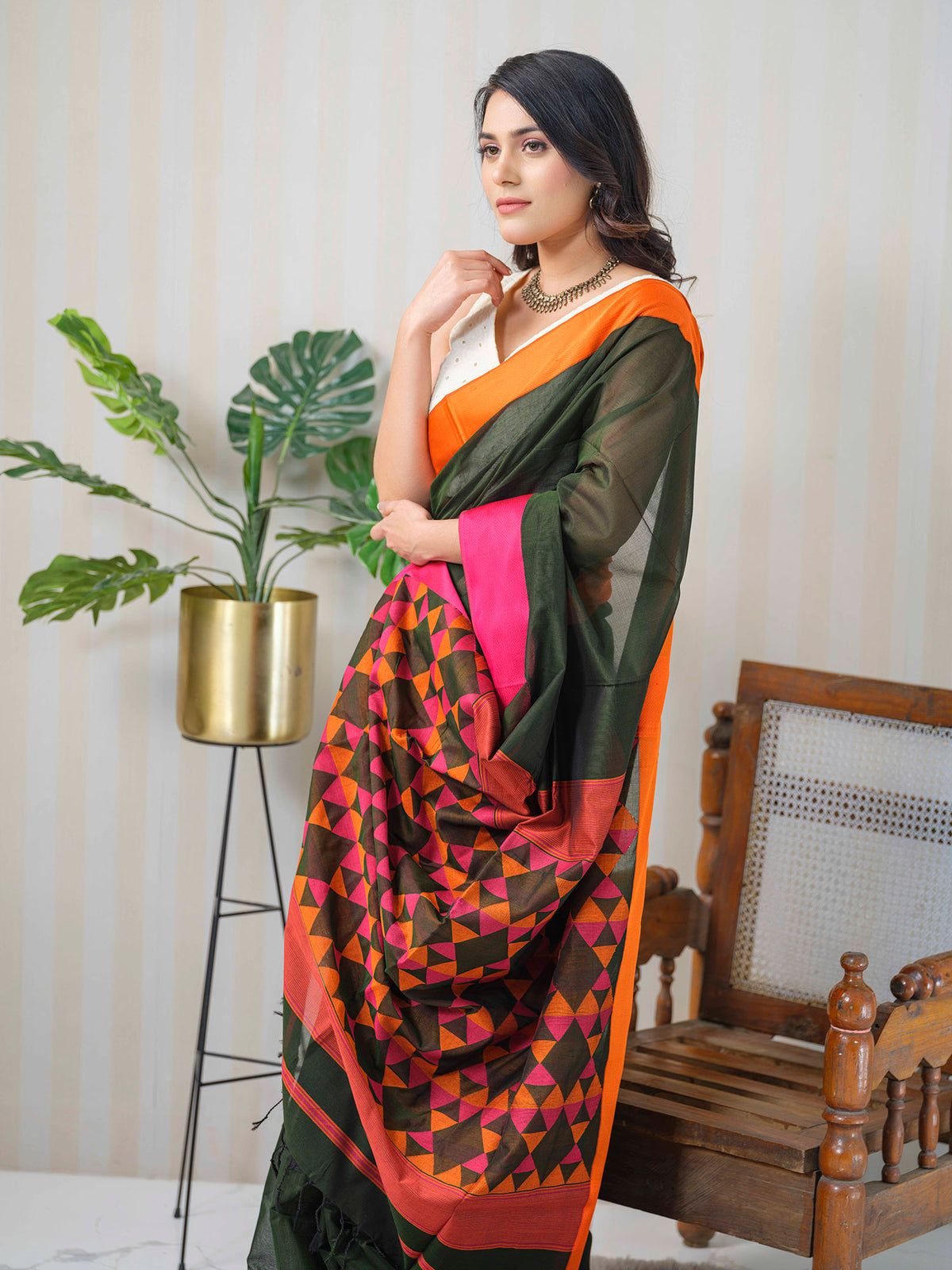 Green Maheshwari cotton silk saree