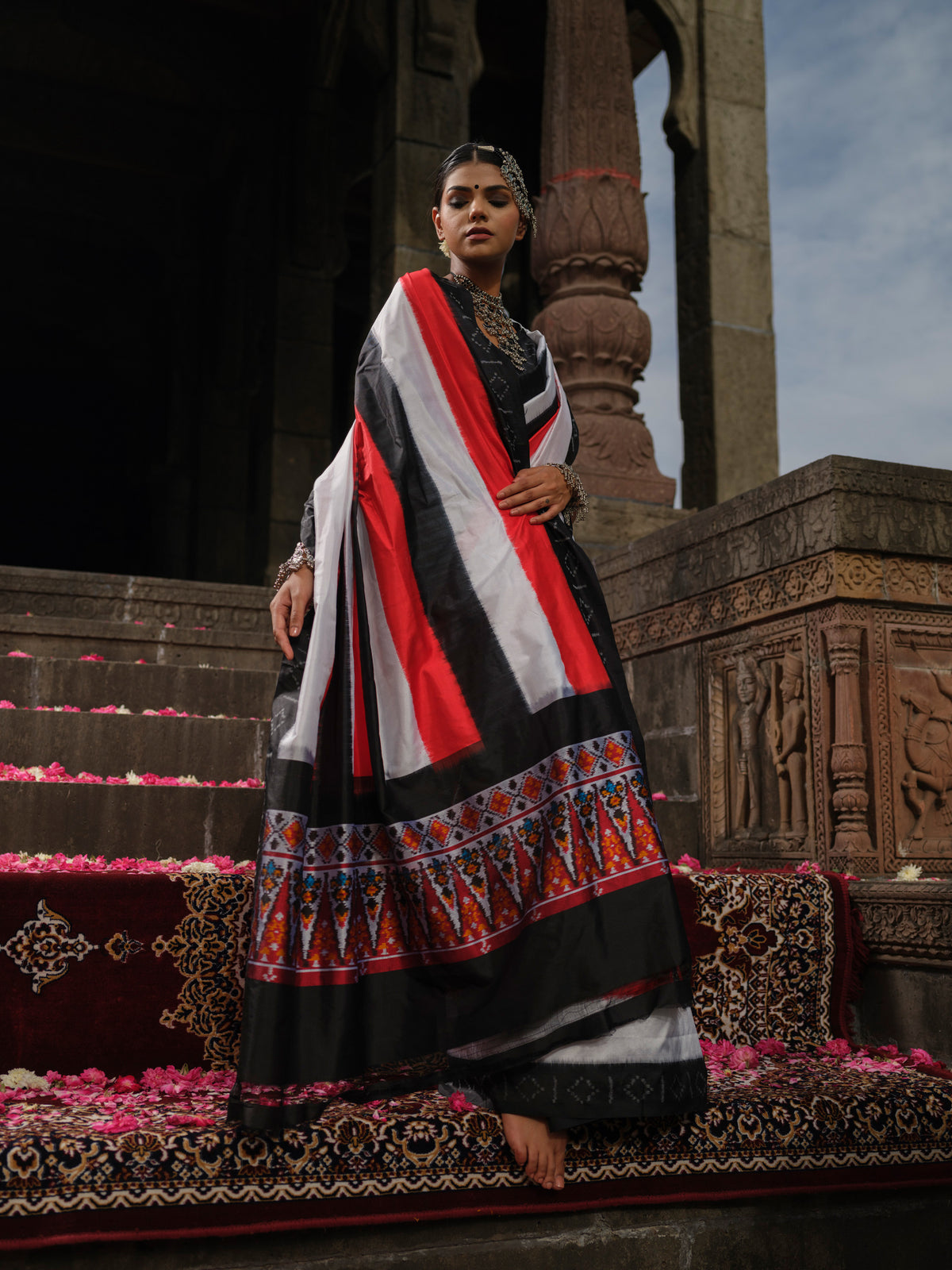 Malini - Red, White & Black Ikat Pochampally Saree with Golden & Sliver Butti