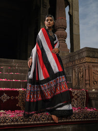 Malini - Red, White & Black Ikat Pochampally Saree with Golden & Sliver Butti