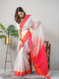 White and neon pink Maheshwari linen and silk saree.