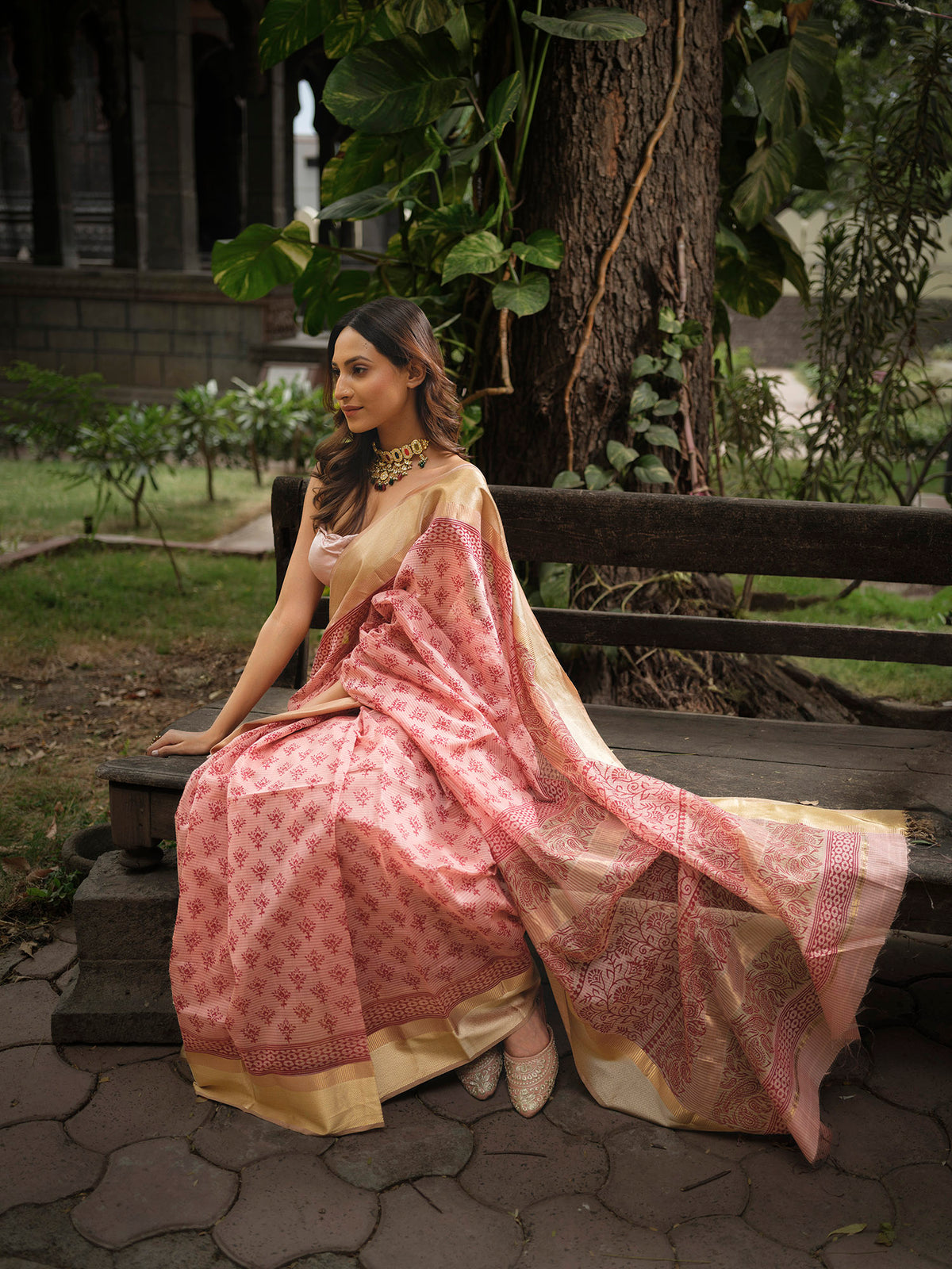 Peach Handloom Hand Block Print Maheshwari Saree