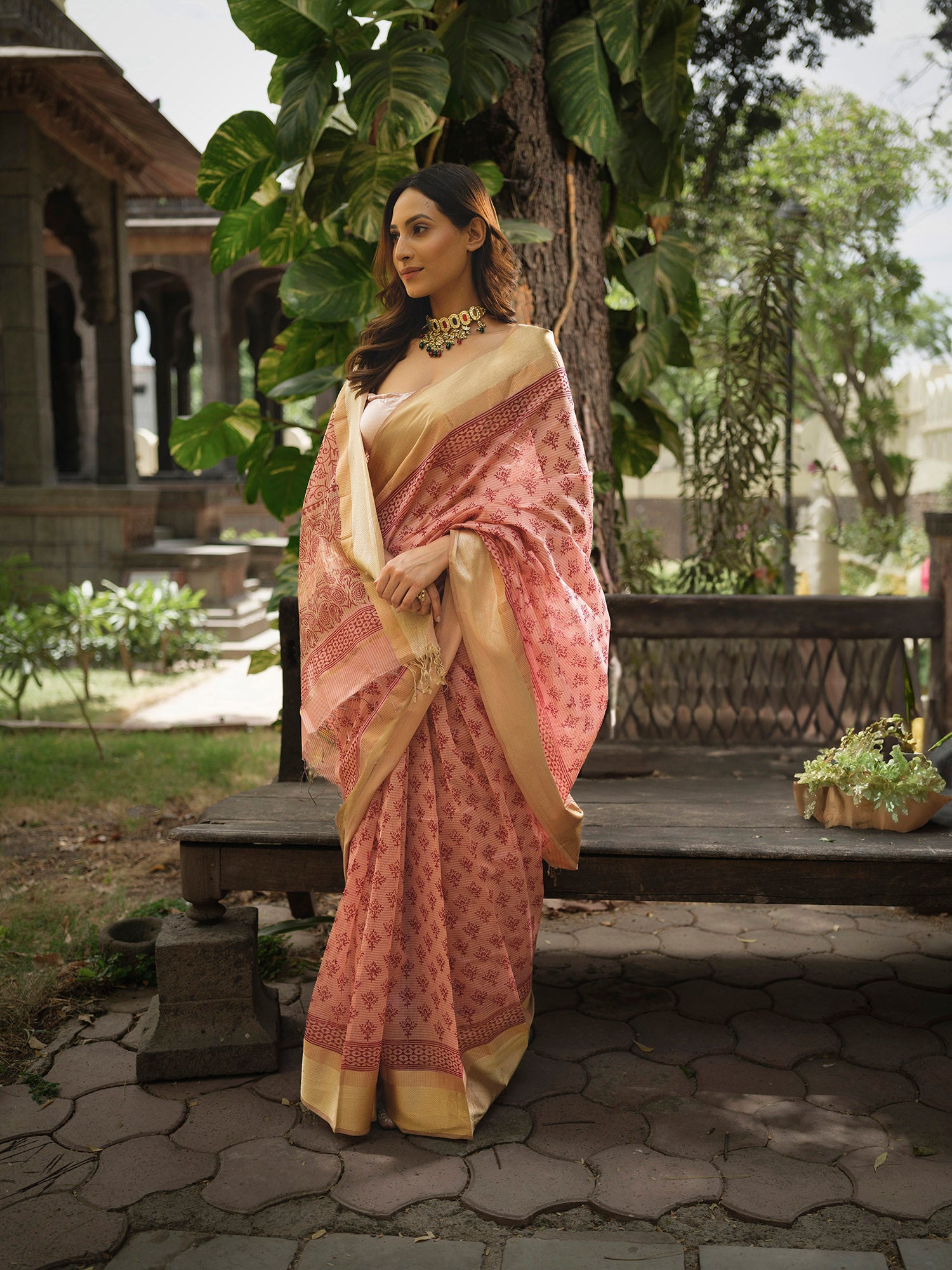 Peach Handloom Hand Block Print Maheshwari Saree