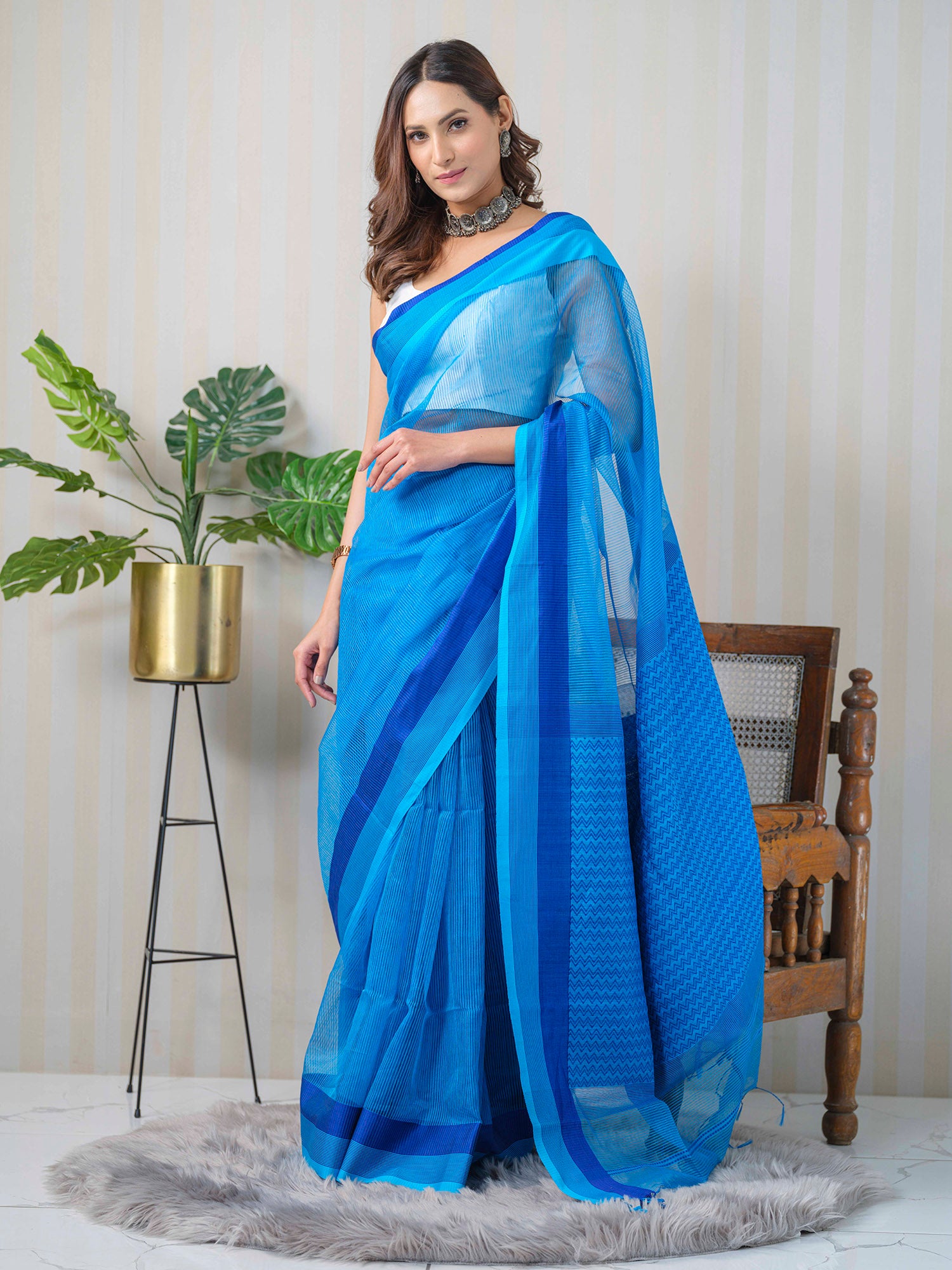 Blue Maheshwari Linen Silk formal wear saree