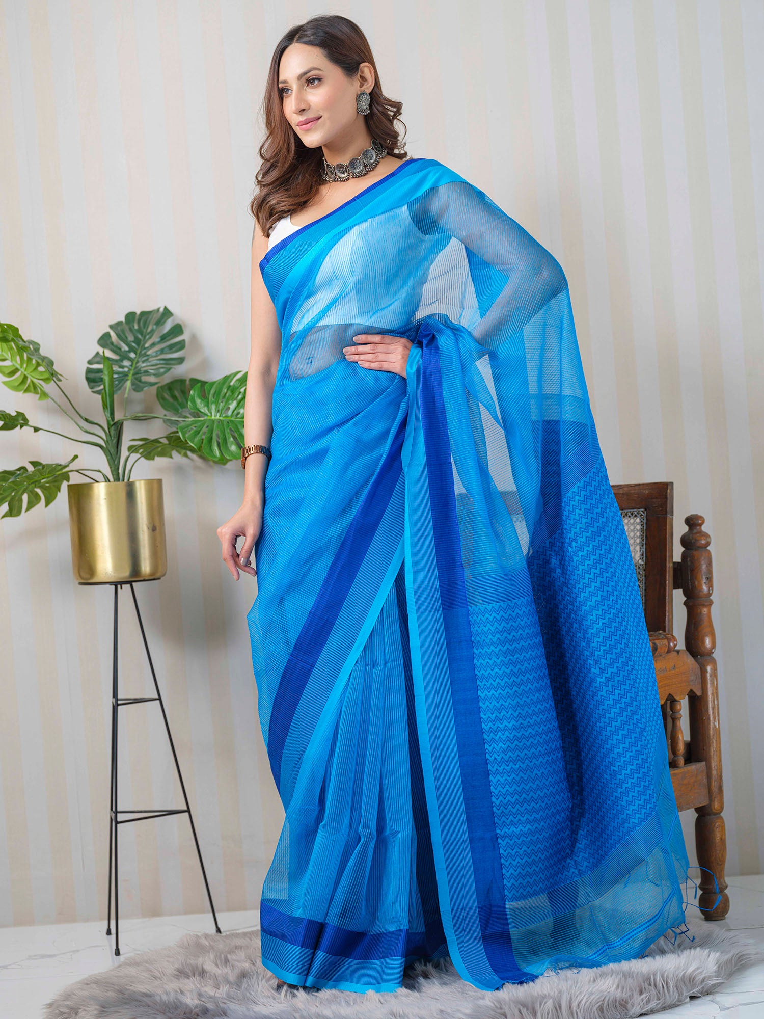 Blue Maheshwari Linen Silk formal wear saree