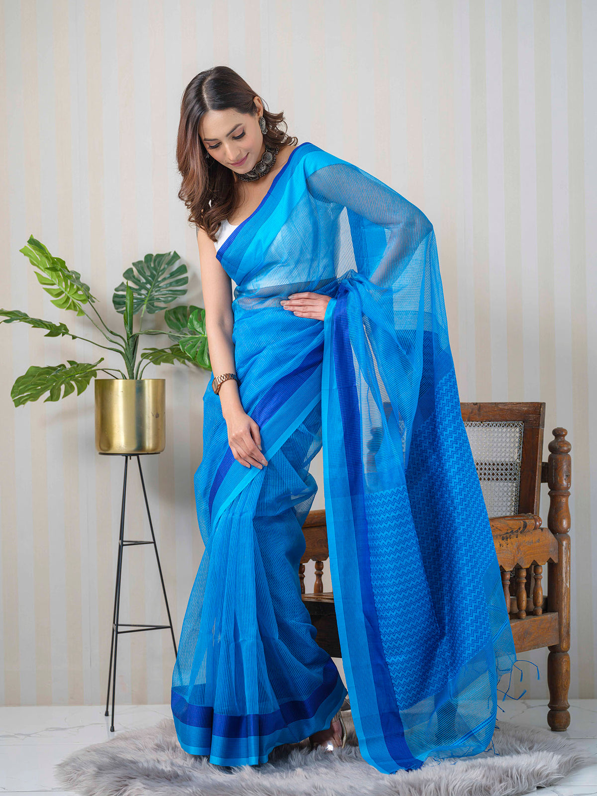 Blue Maheshwari Linen Silk formal wear saree