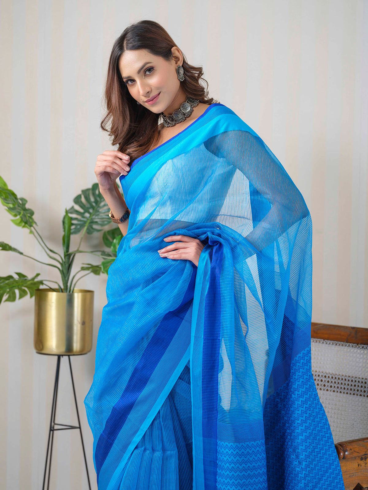 Blue Maheshwari Linen Silk formal wear saree