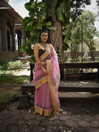 Pink and blue blockprint Maheshwari saree