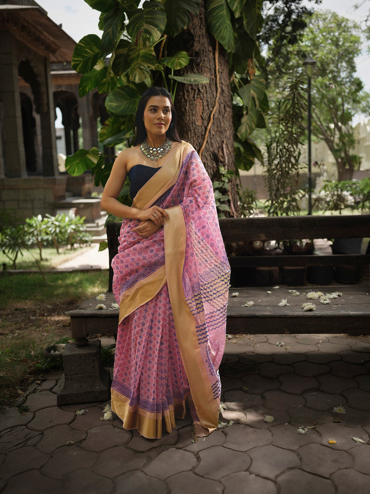 Pink and blue blockprint Maheshwari saree