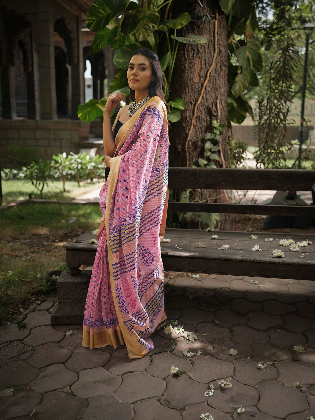 Pink and blue blockprint Maheshwari saree