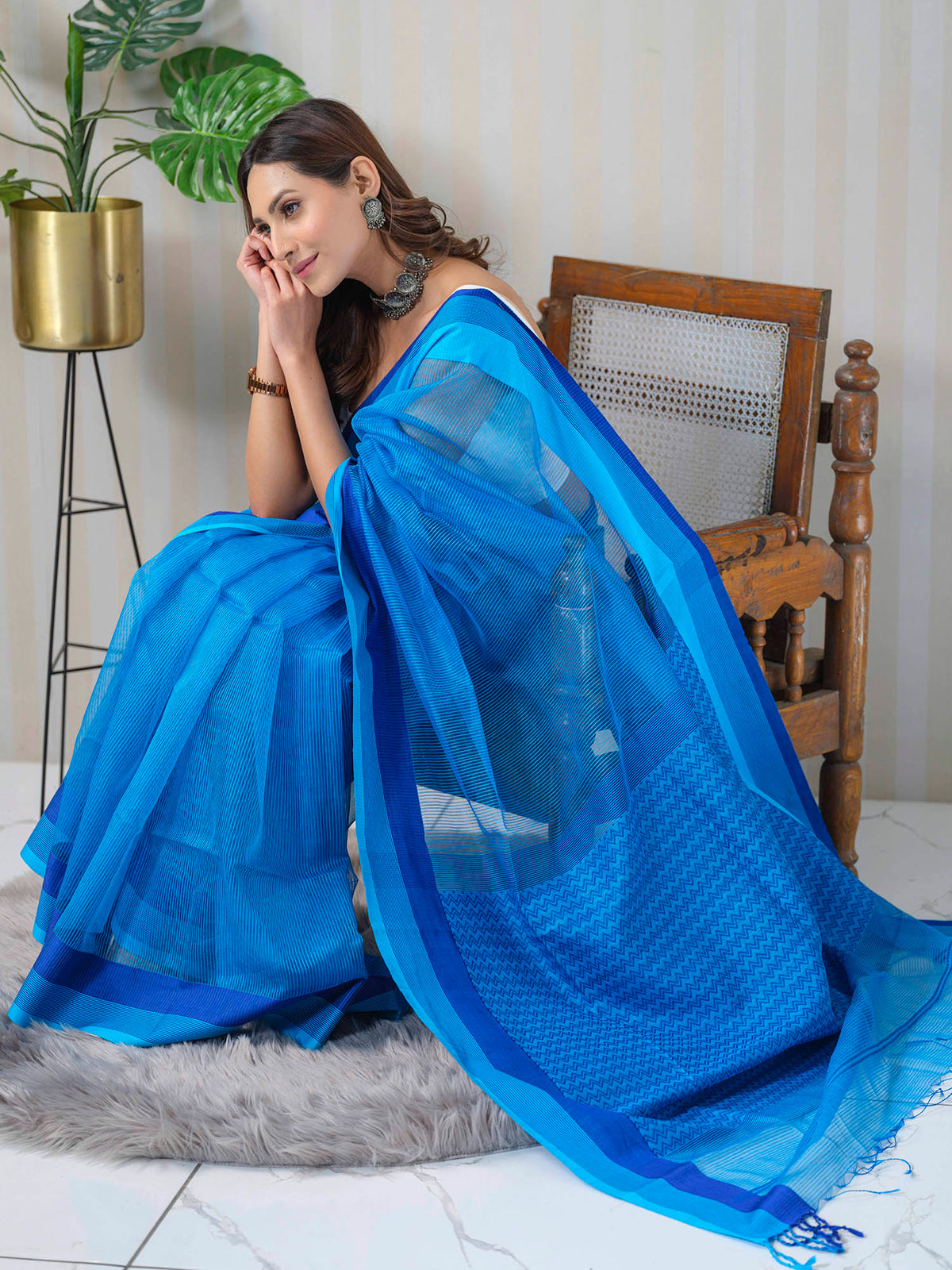 Blue Maheshwari Linen Silk formal wear saree