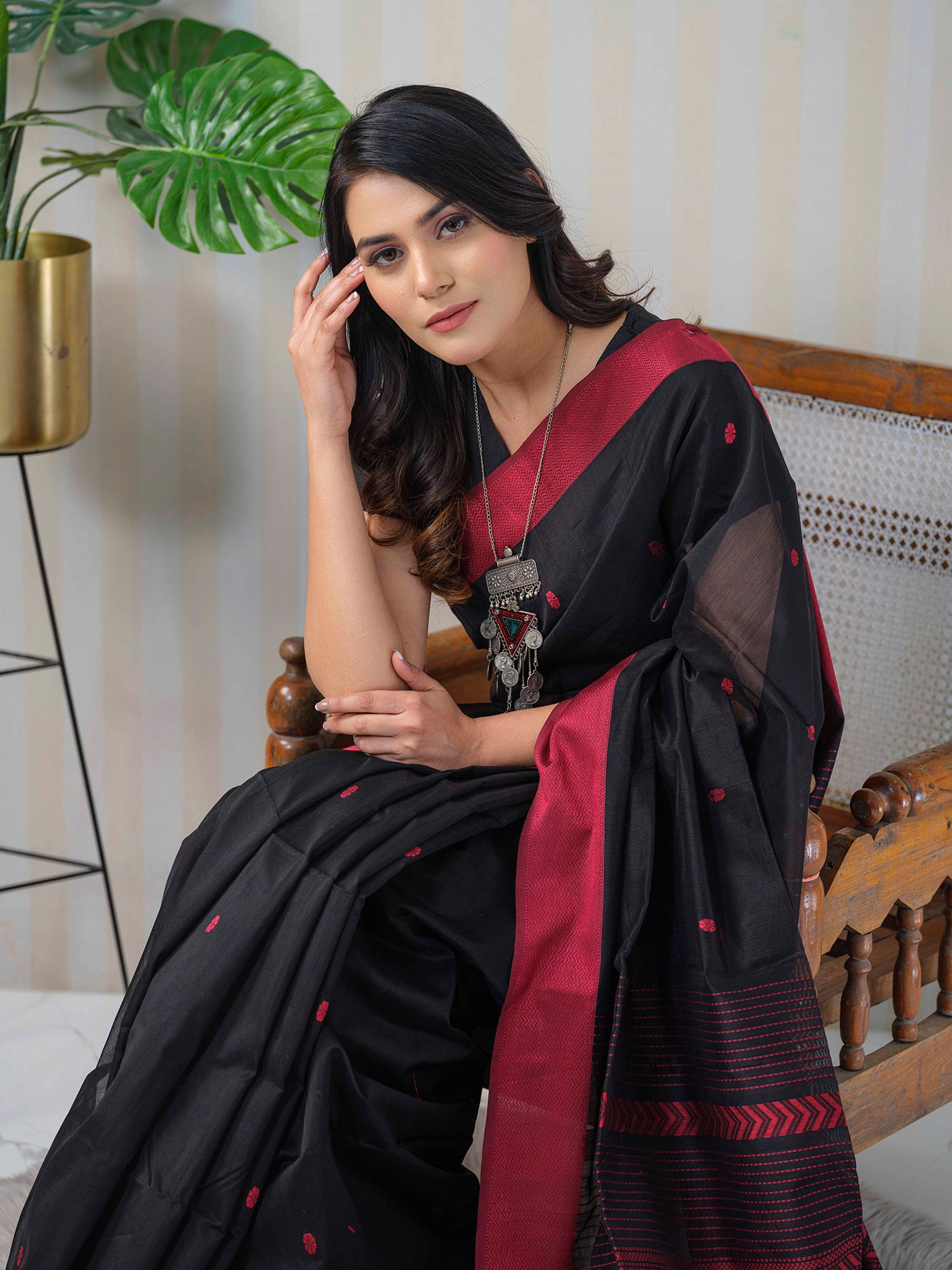 Black Maheshwari Cotton Silk Saree - Main Image