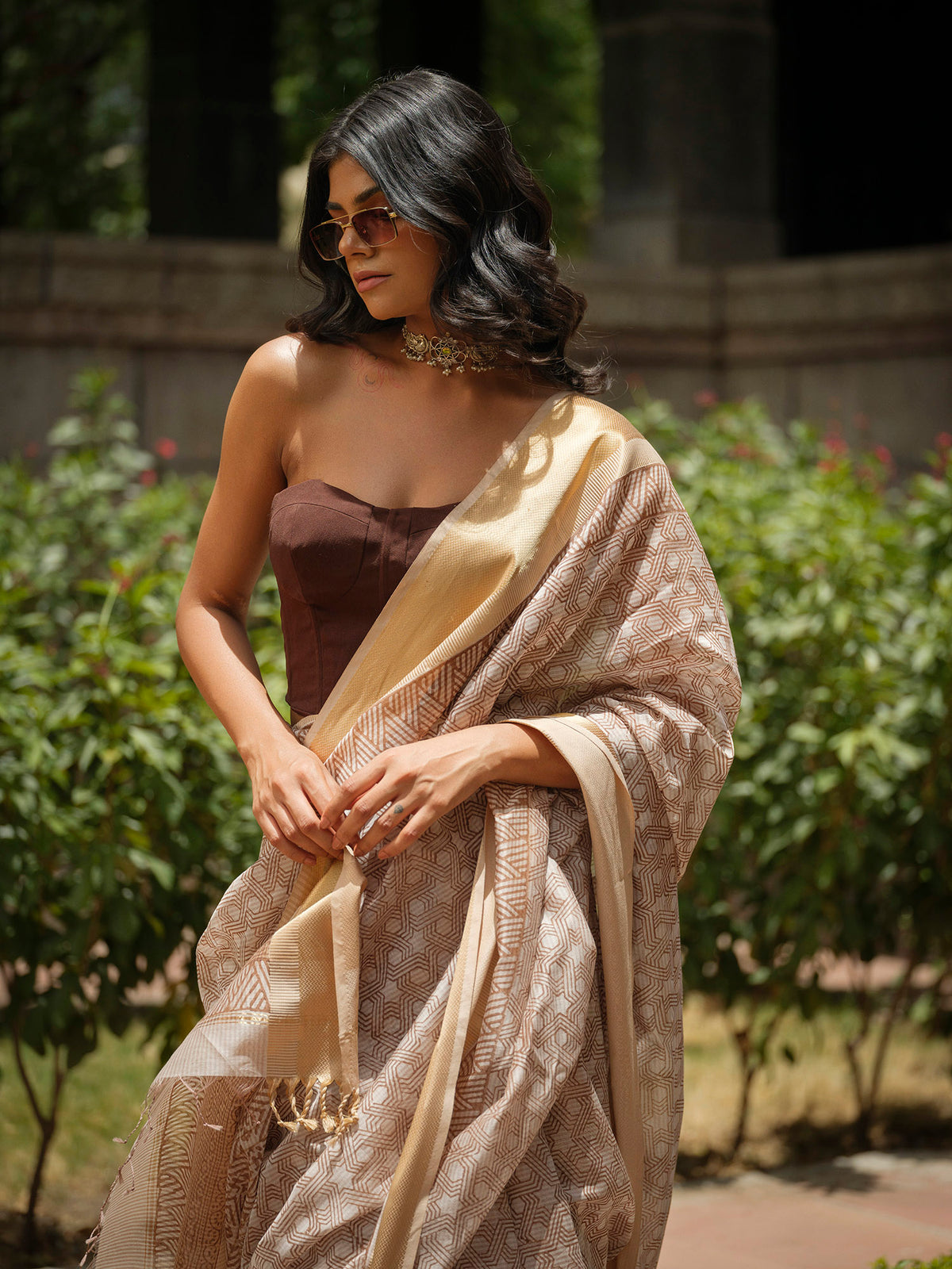 Beige Handloom Maheshwari Saree