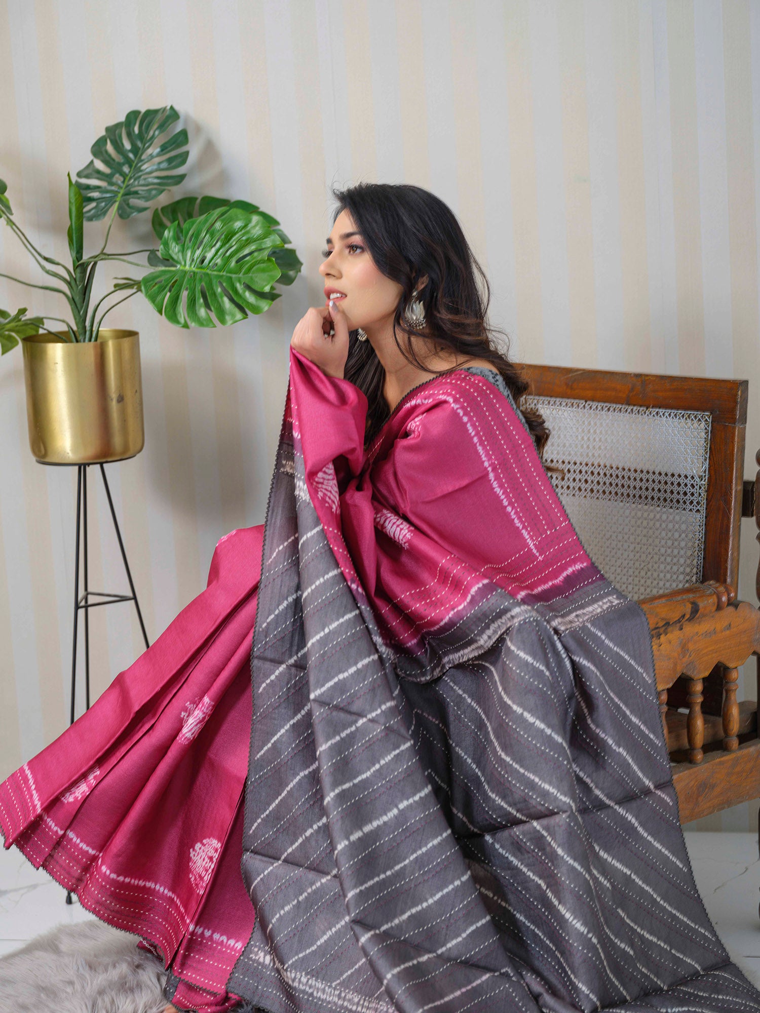 Cherry and grey Shibori Tussar Silk saree