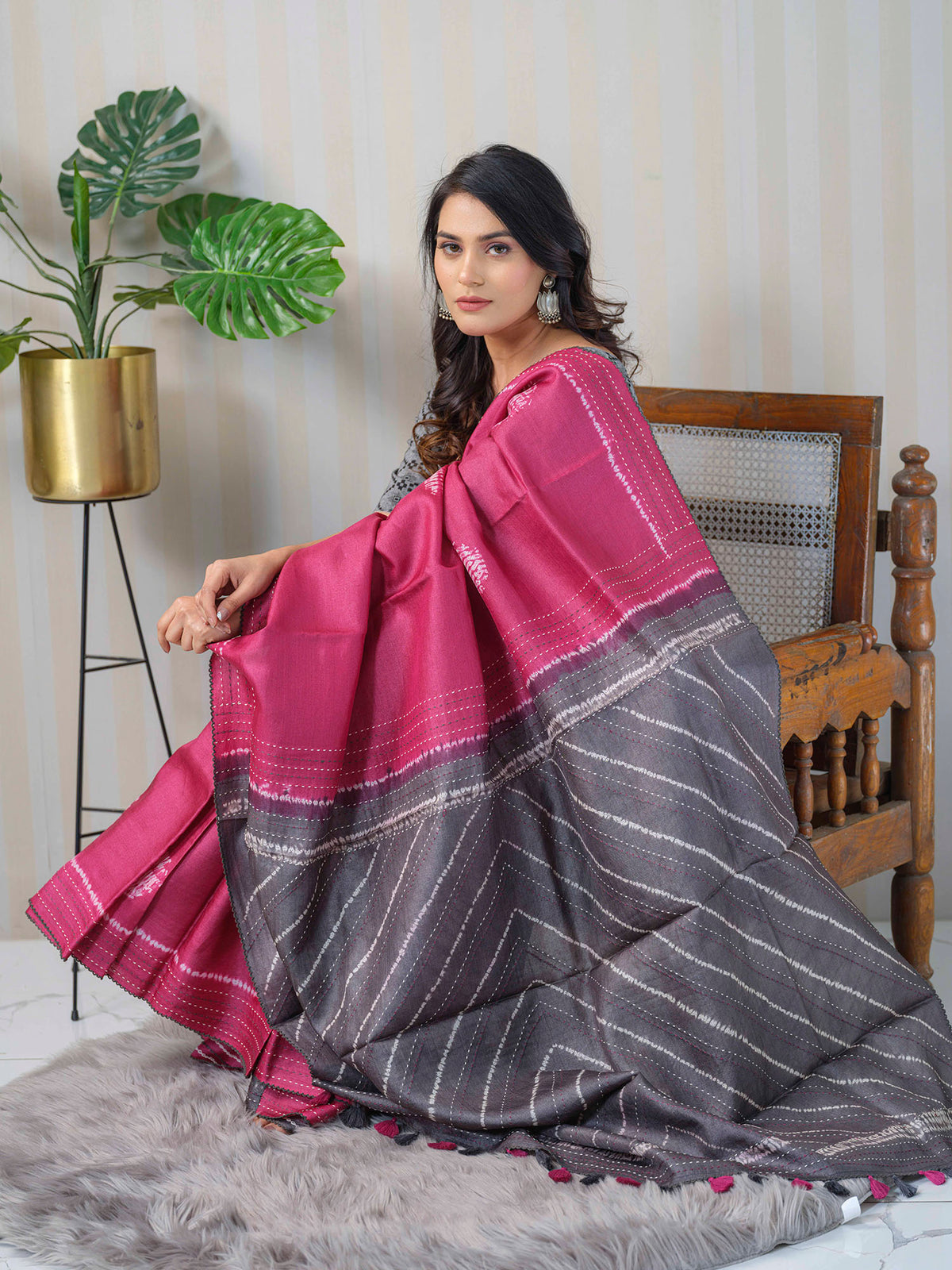 Cherry and grey Shibori Tussar Silk saree