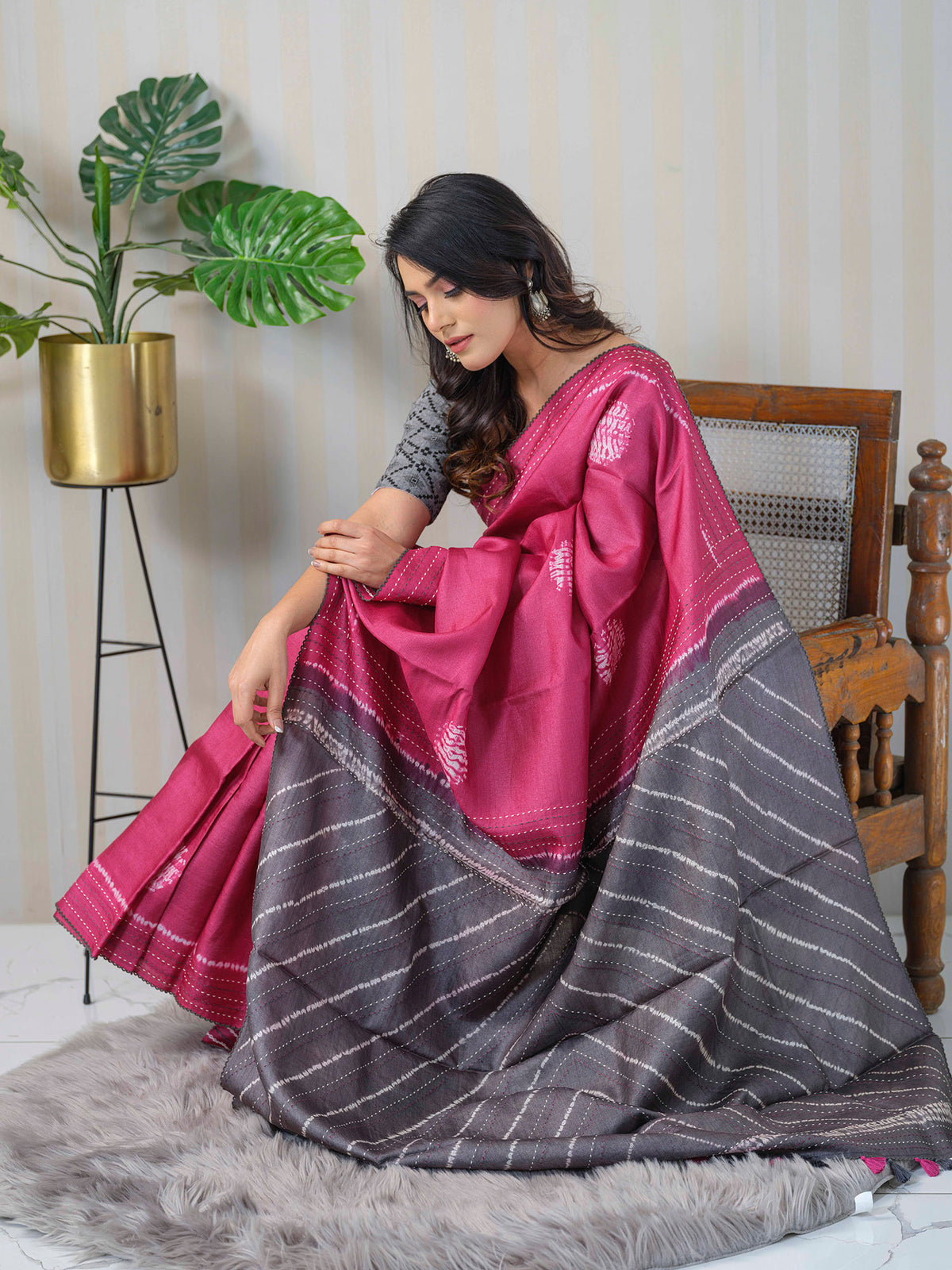 Cherry and grey Shibori Tussar Silk saree