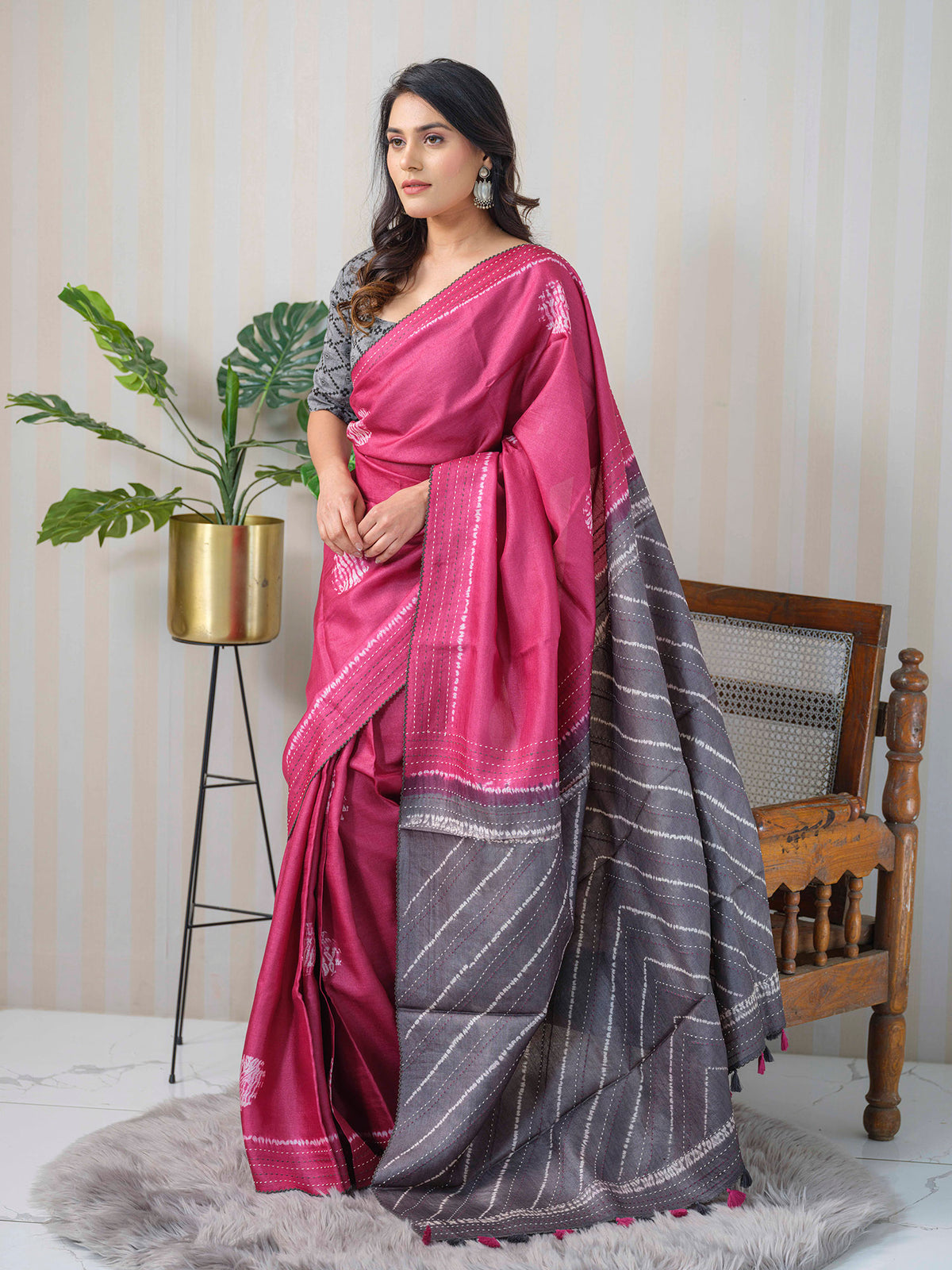 Cherry and grey Shibori Tussar Silk saree