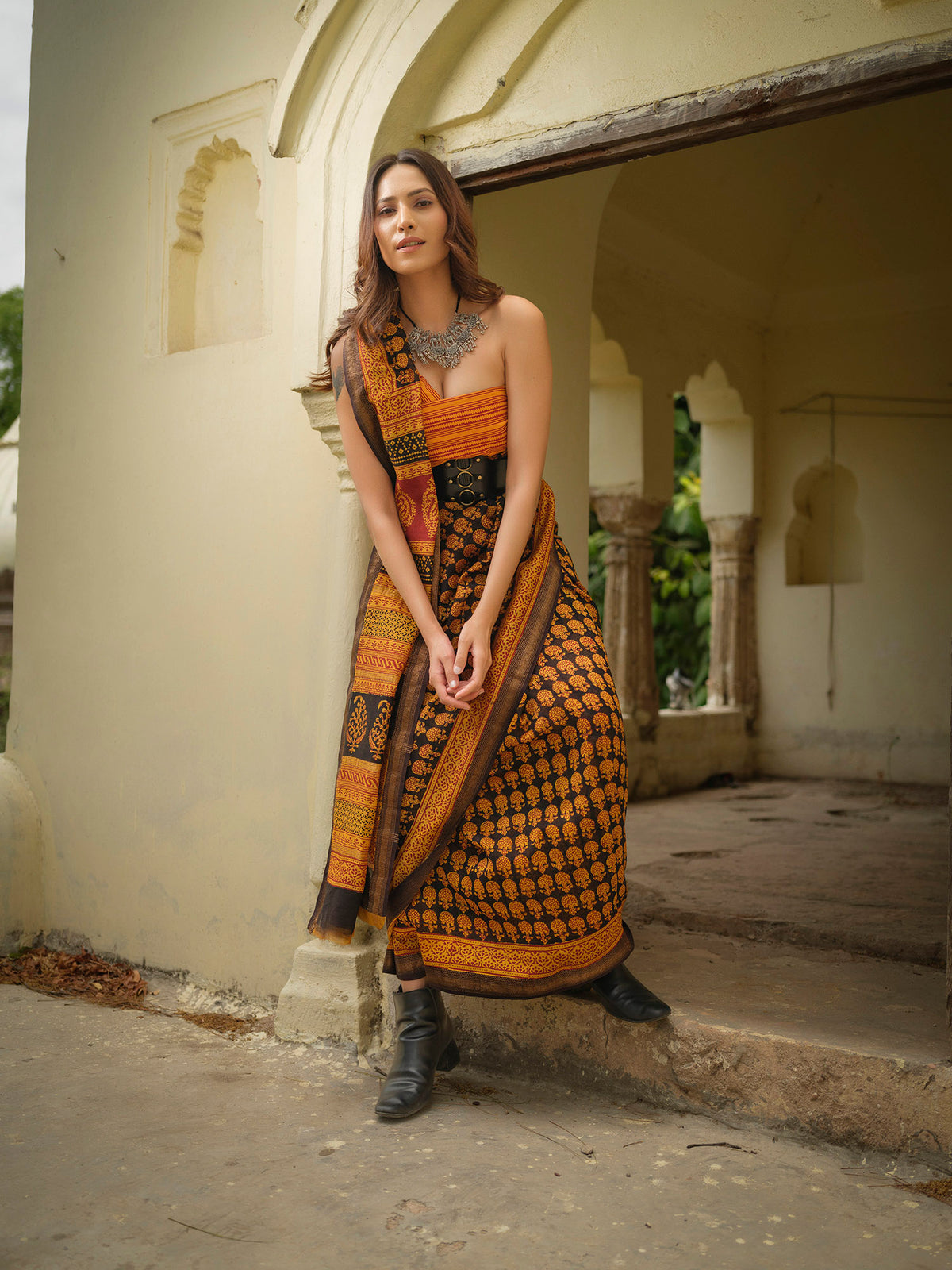 Yellow Maheshwari cotton silk Handblock saree