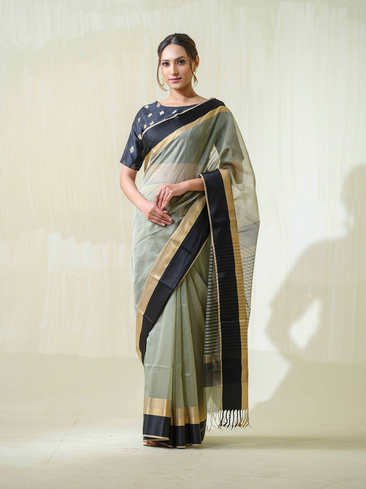 Pastel Green Maheshwari Cotton Silk formal wear Saree with Resham