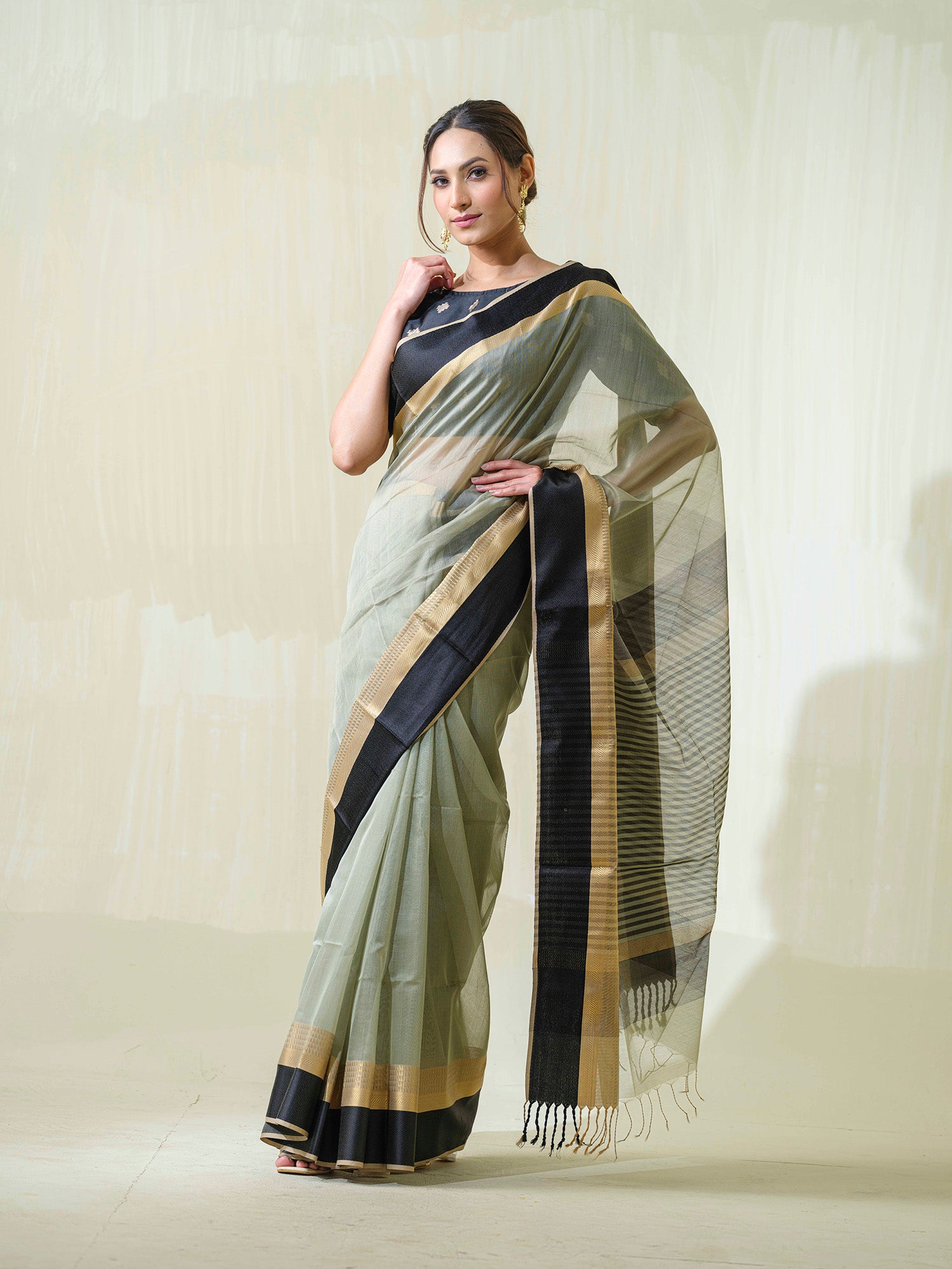 Pastel Green Maheshwari Cotton Silk formal wear Saree with Resham