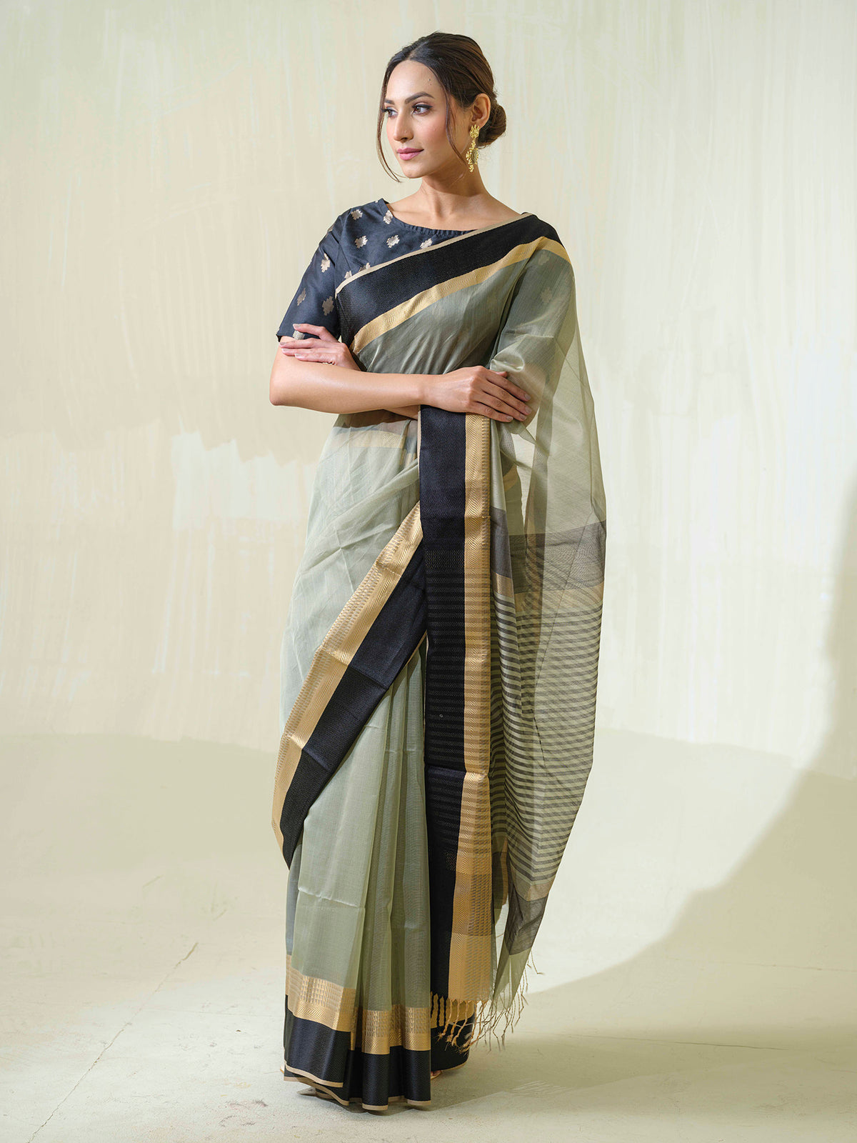 Pastel Green Maheshwari Cotton Silk formal wear Saree with Resham