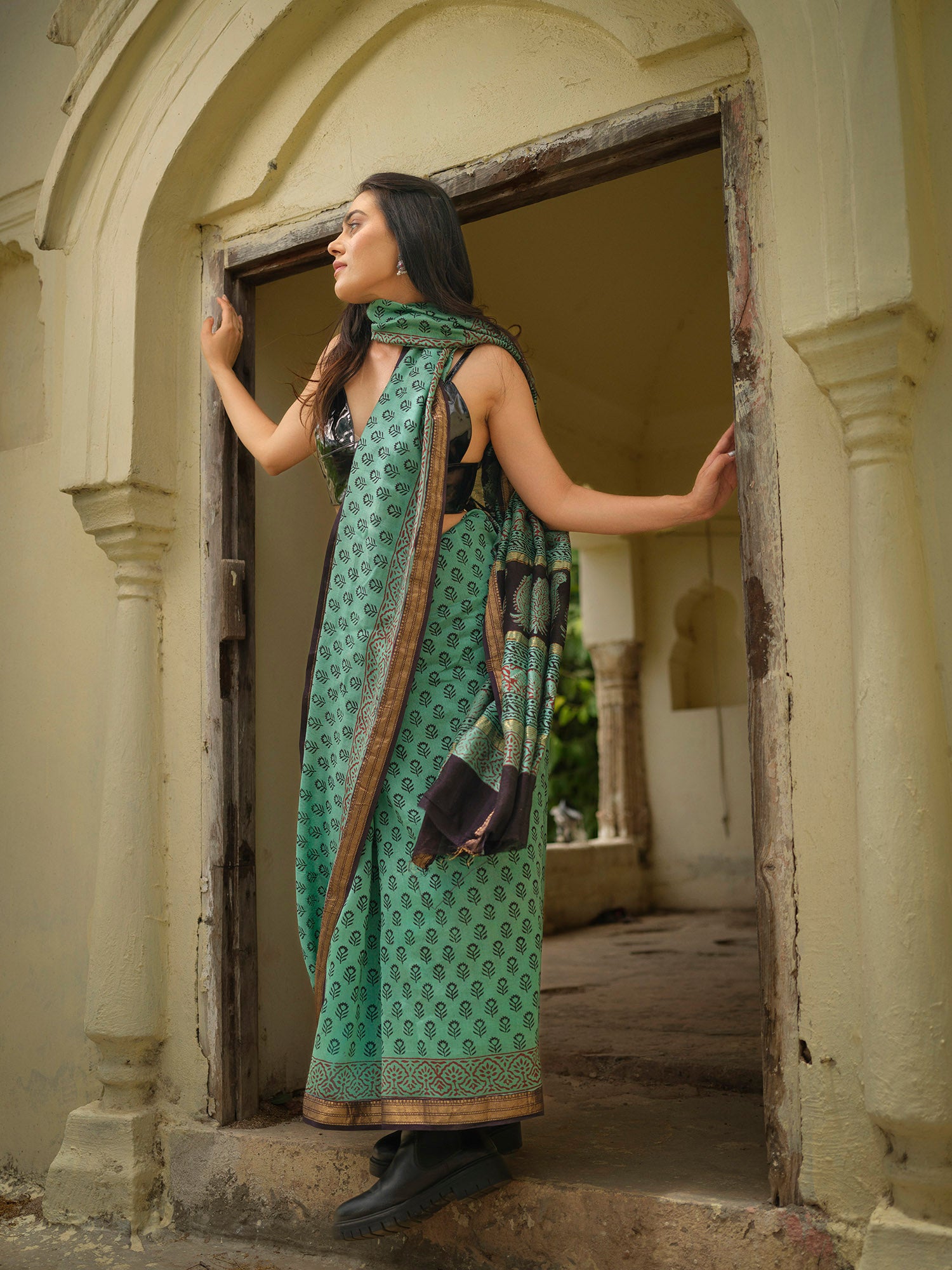 Green Maheshwari Bagh print saree