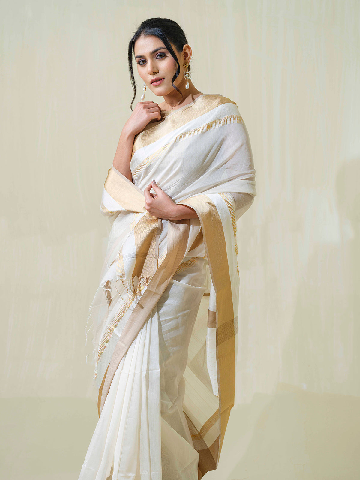 Off White Maheshwari Cotton Silk Saree with Resham