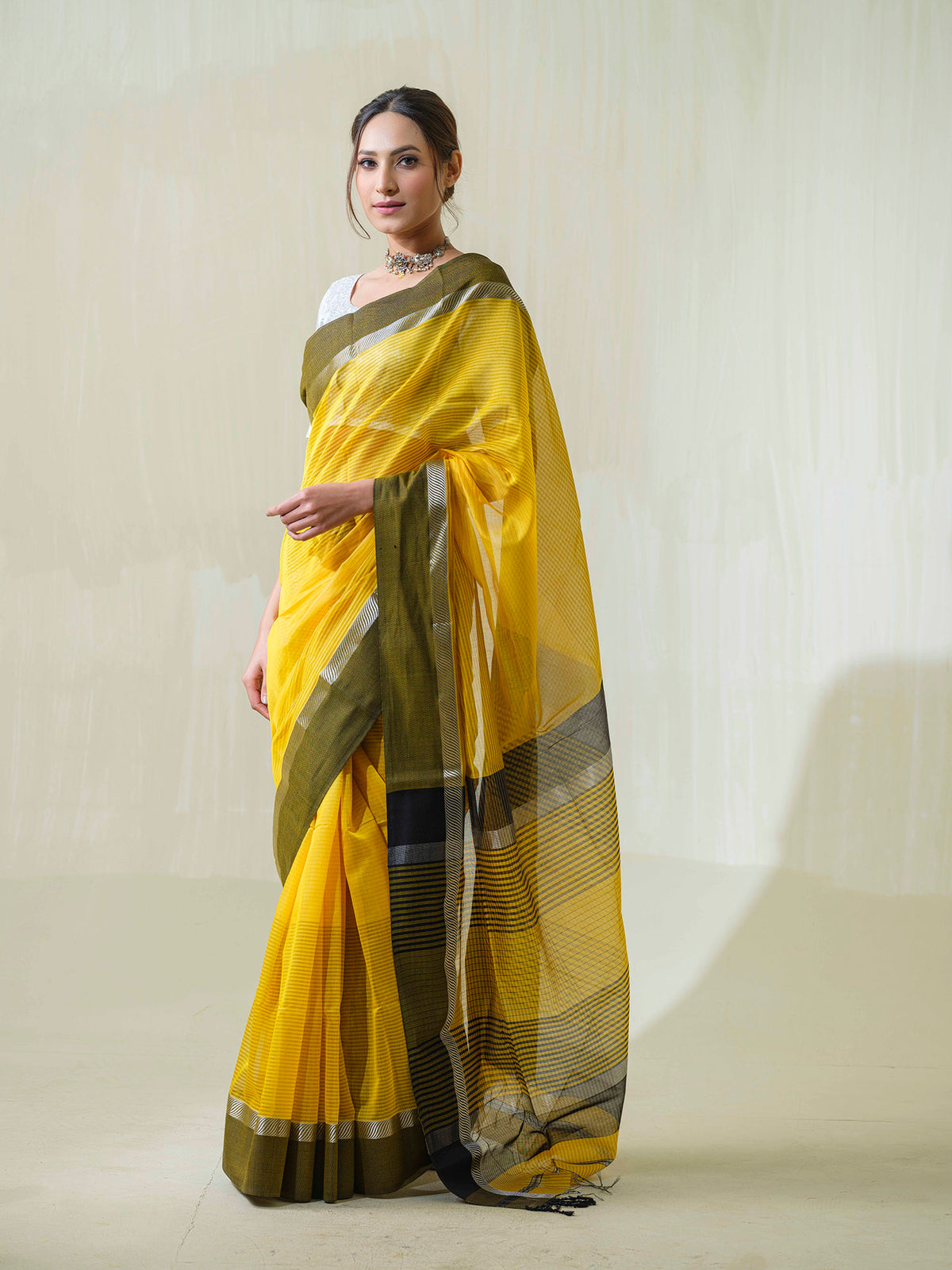 Yellow Maheshwari Cotton Silk Saree with Silver Zari