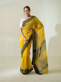 Yellow Maheshwari Cotton Silk Saree with Silver Zari