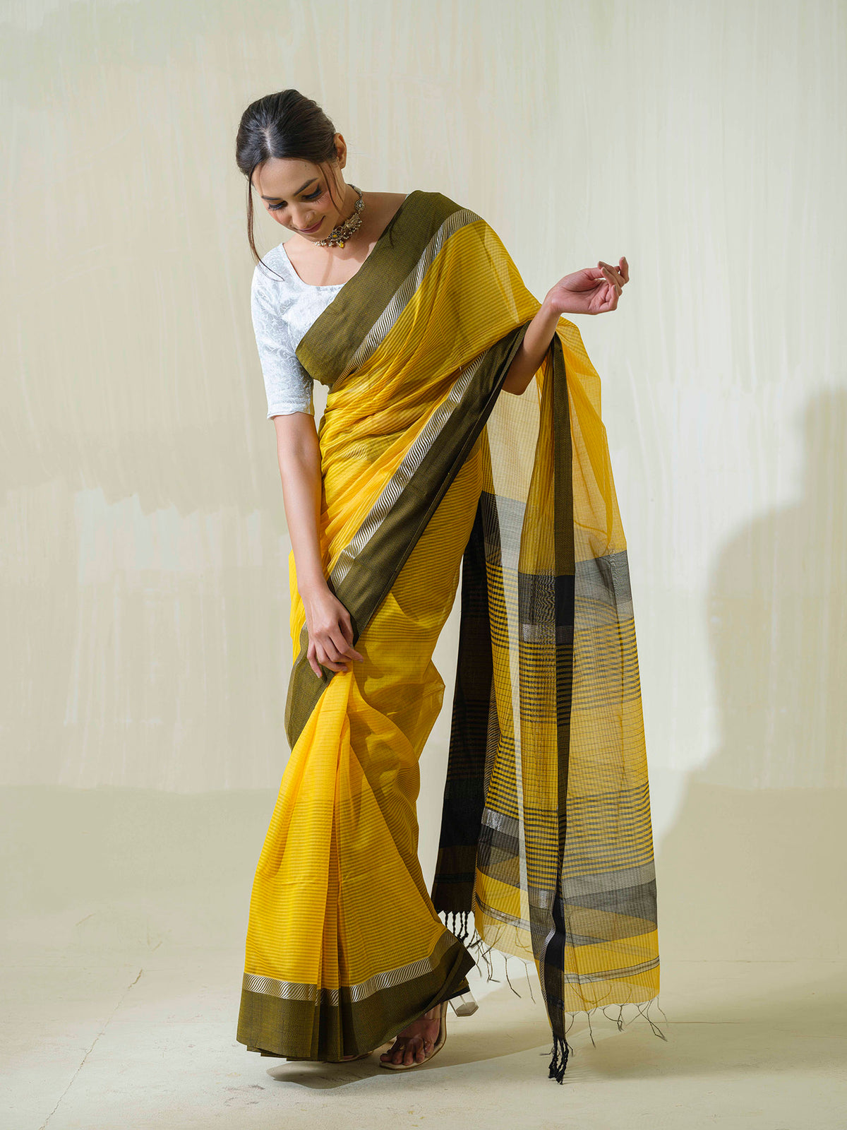 Yellow Maheshwari Cotton Silk Saree with Silver Zari