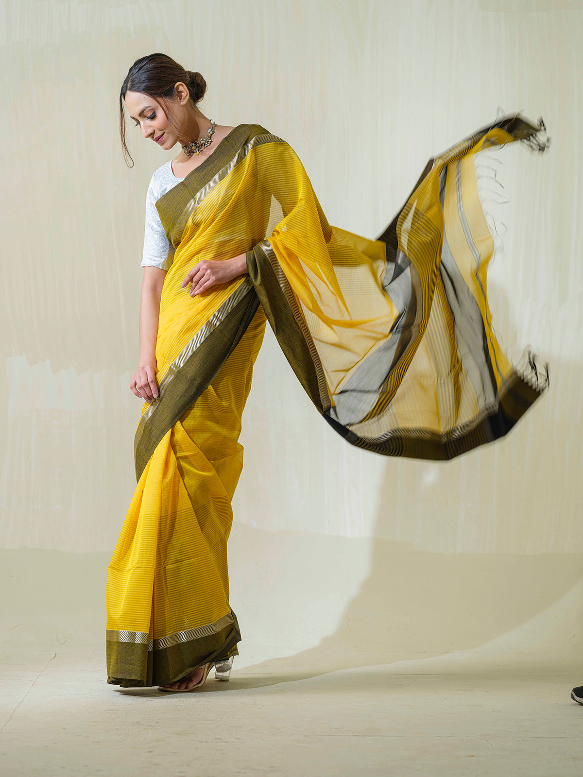 Yellow Maheshwari Cotton Silk Saree with Silver Zari