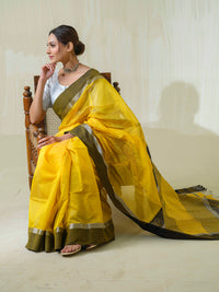 Yellow Maheshwari Cotton Silk Saree with Silver Zari